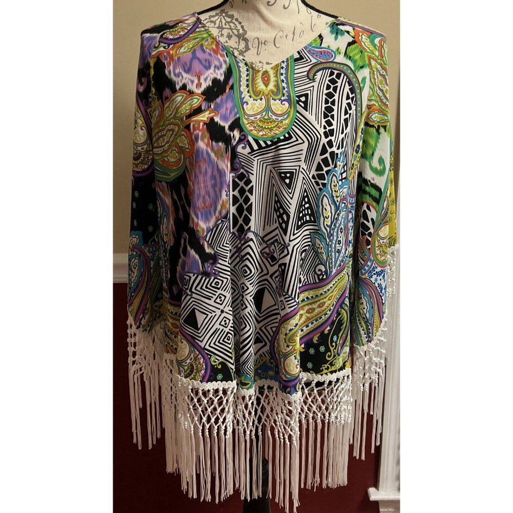 Chicos Tunic Top Size 1 Cold Shoulder 3/4 Sleeve Paisley Fringe Bohemian‎